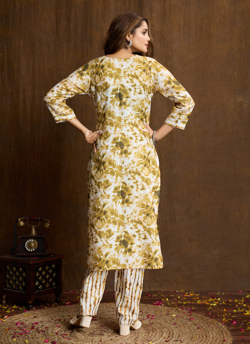 Cream Printed Cotton Blend Kurta Pant Set Elegant Ethnic