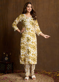 Elegant cream colored printed cotton blend kurta with coordinating pants