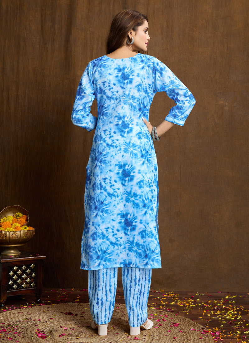 Sky Blue Printed Cotton Blend Kurta Pant Set