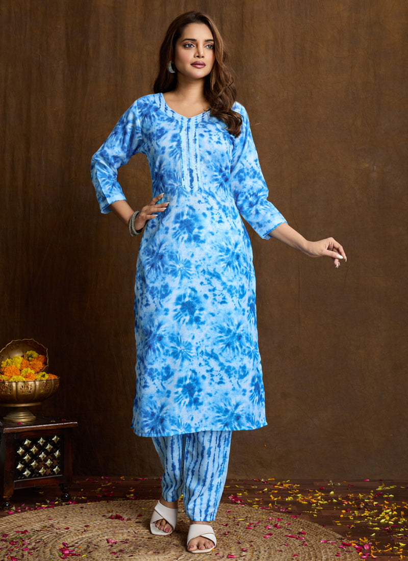 Sky blue printed cotton blend kurta and matching pant set.