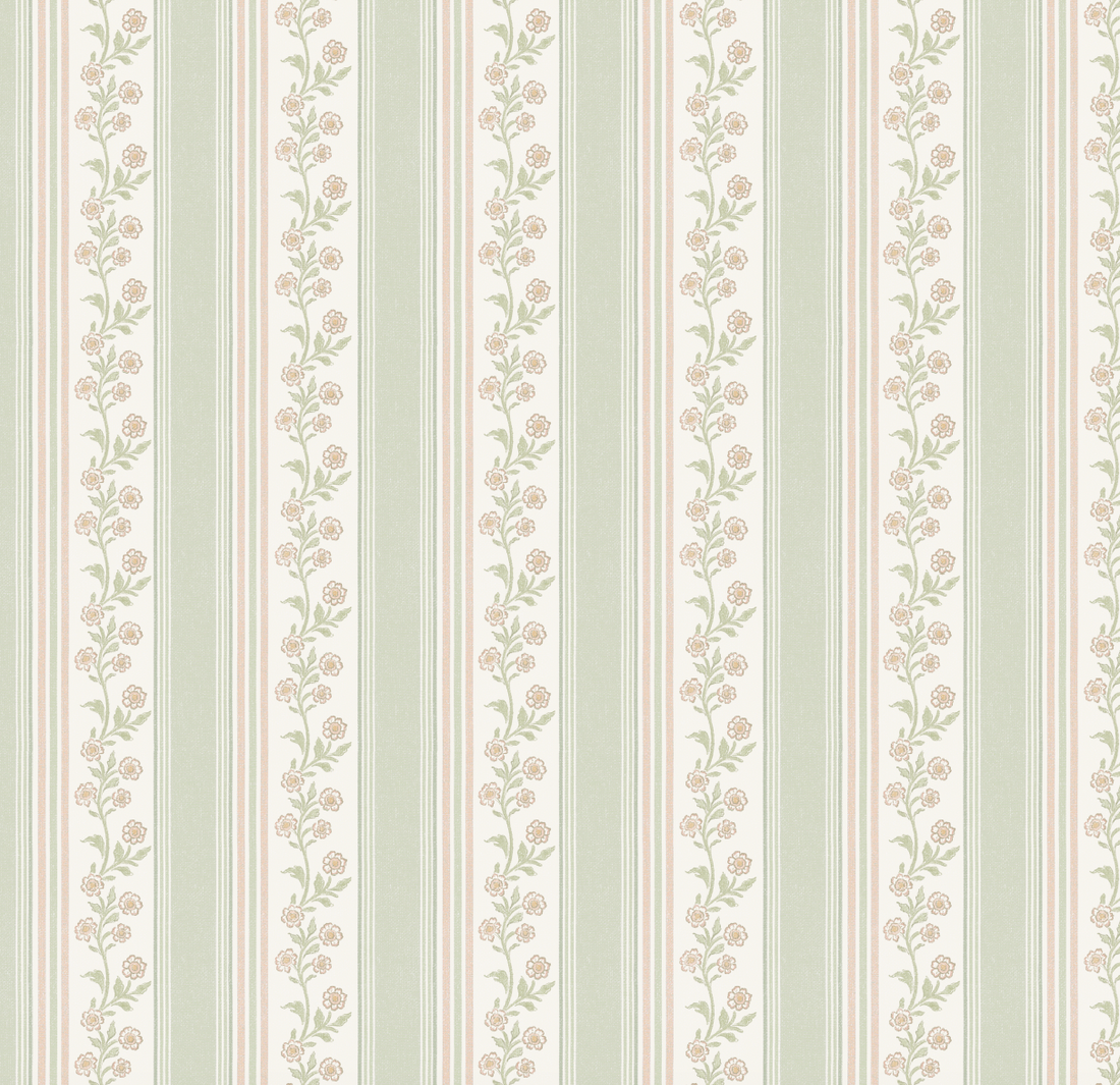 Auggie Striped Wallpaper in Pink, Cream, and Sage-Green