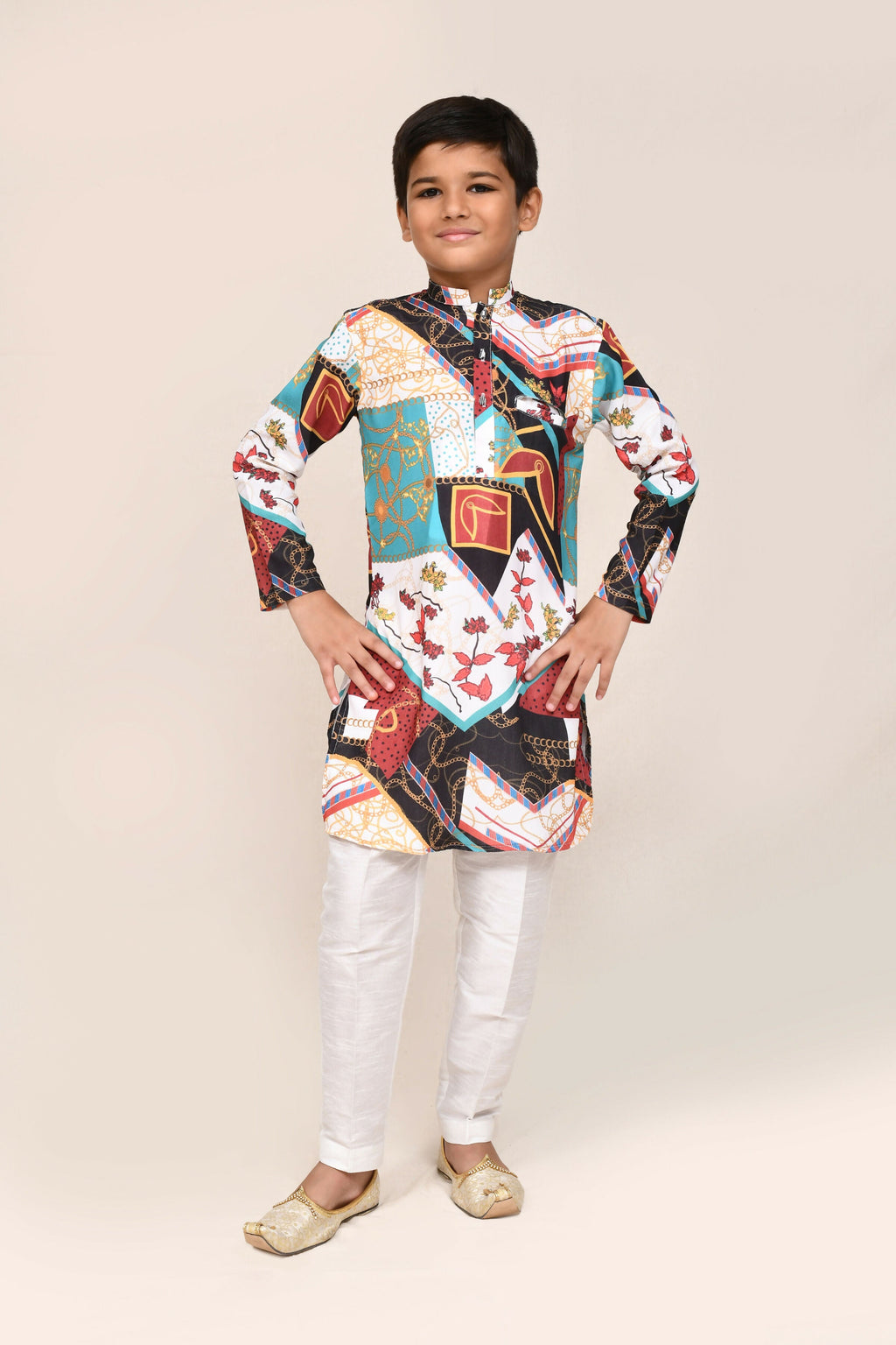 Men's multicolor abstract print cotton silk kurta with white straight fit pants