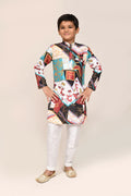 Men's multicolor abstract print cotton silk kurta with white straight fit pants