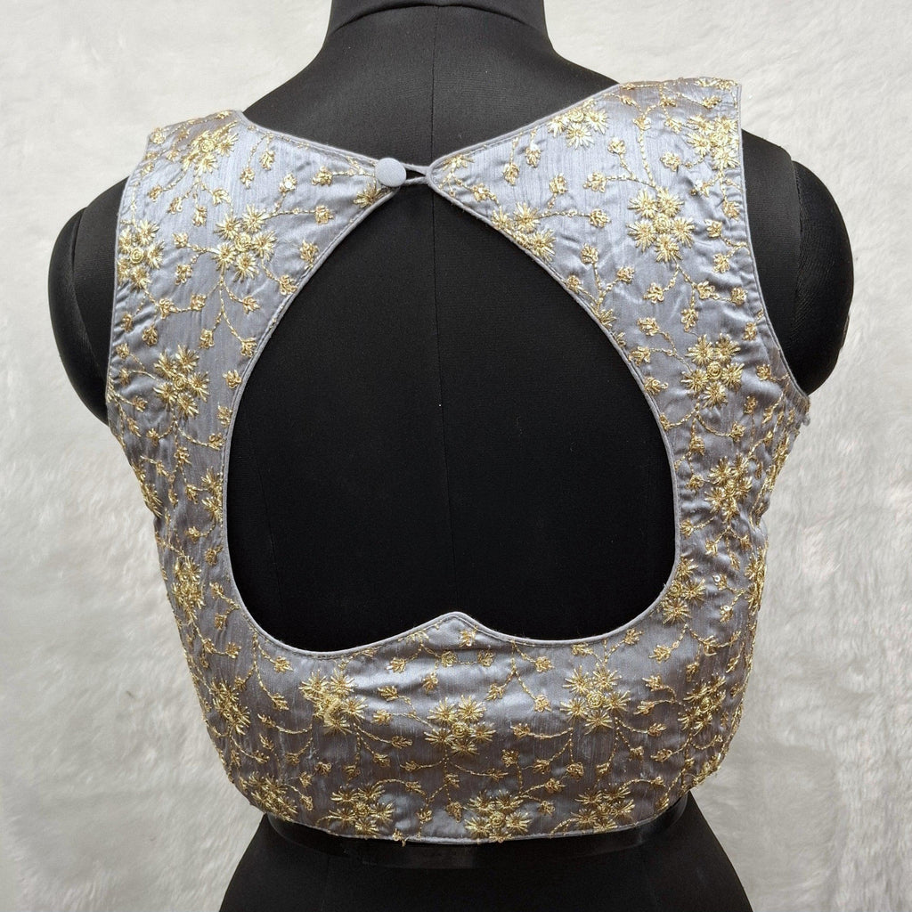 Ash Grey Satin Embroidered Readymade Blouse with Gold Detailing