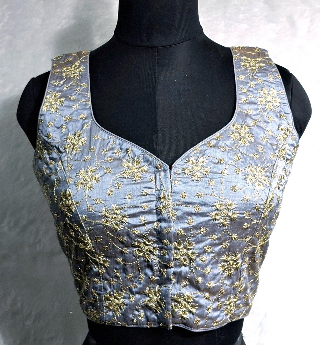 Ash Grey satin readymade blouse with golden all-over embroidery and semi-sweetheart neckline