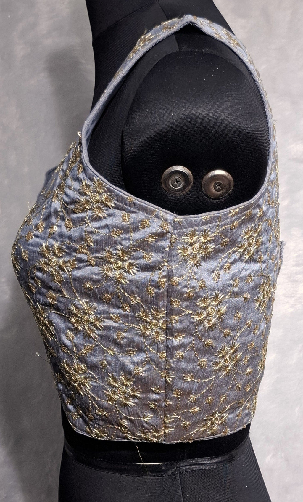 Ash Grey Satin Embroidered Readymade Blouse with Gold Detailing