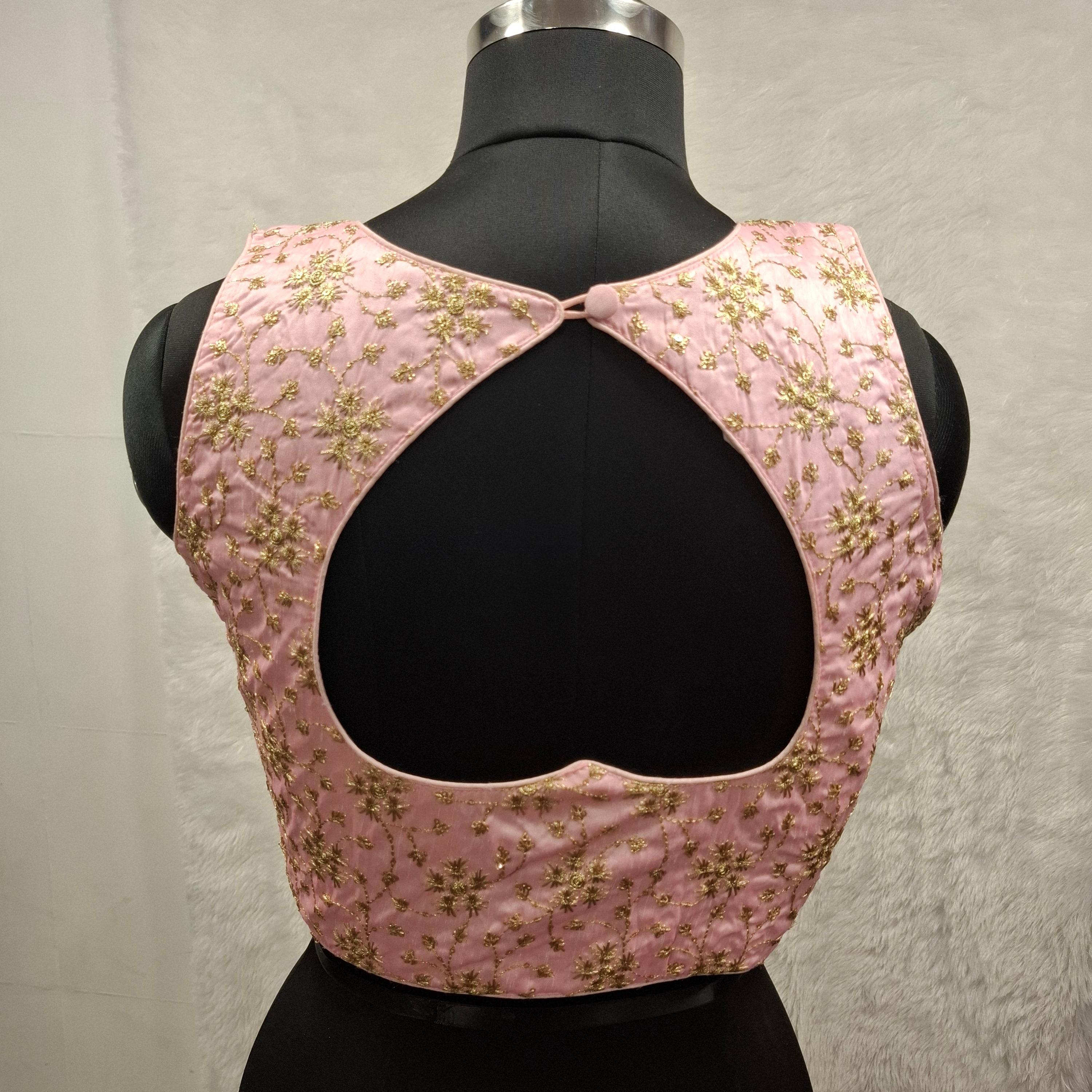 Baby Pink Golden Embroidered Satin Readymade Blouse for Girls