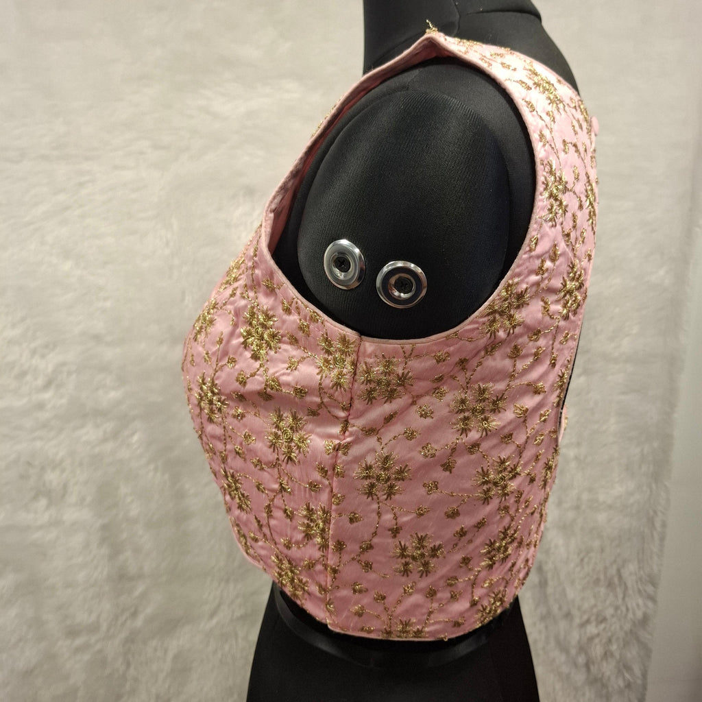 Baby Pink Golden Embroidered Satin Readymade Blouse for Girls
