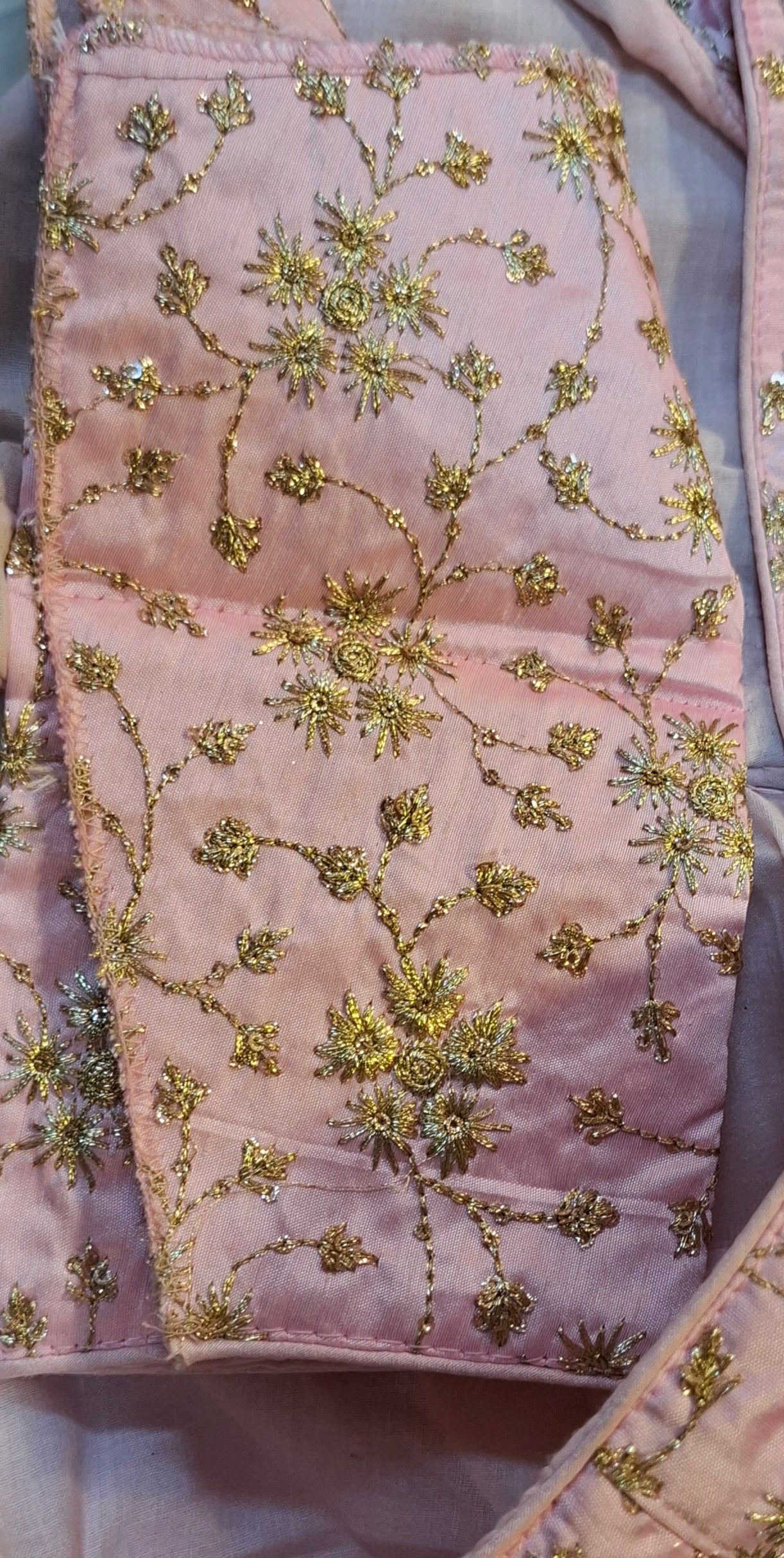 Baby Pink Golden Embroidered Satin Readymade Blouse for Girls