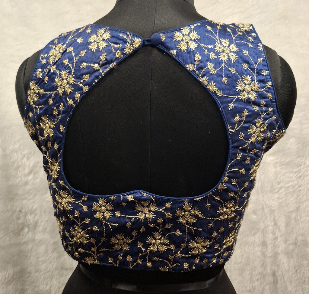 Cobalt Blue Readymade Blouse with Golden All Over Embroidery