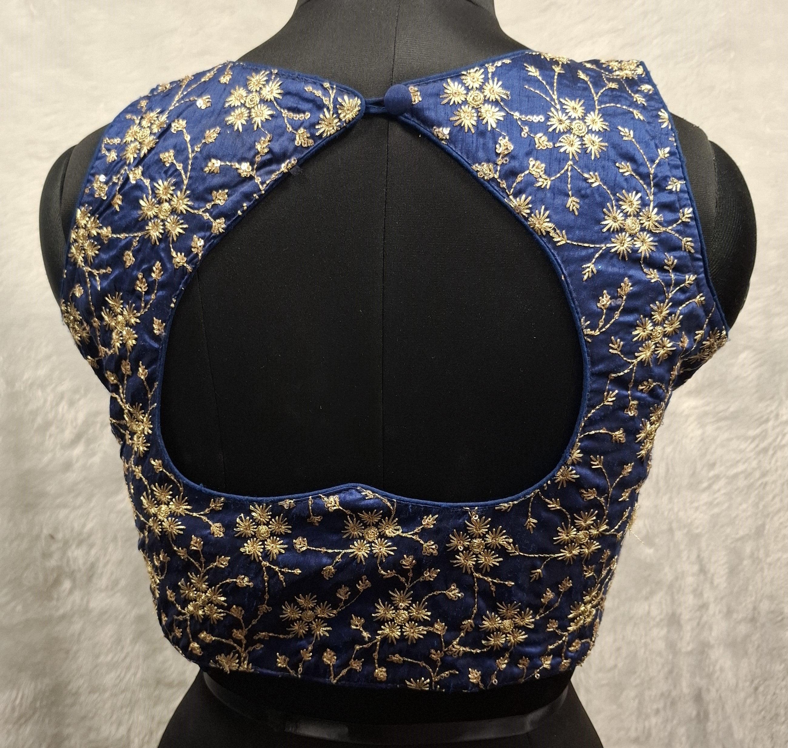 Cobalt Blue Readymade Blouse with Golden All Over Embroidery