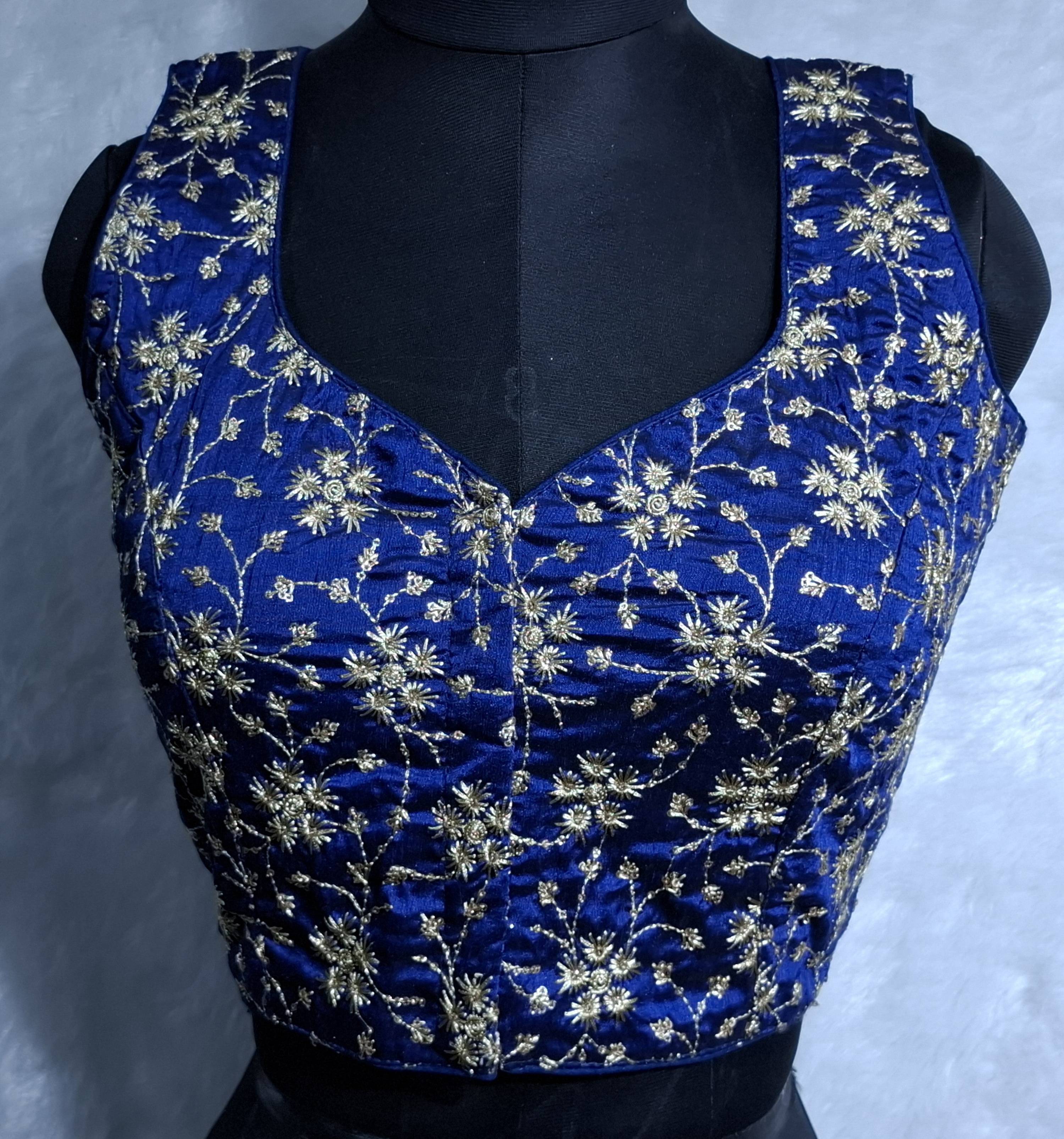 Cobalt blue readymade blouse with golden all-over embroidery and semi-sweetheart neckline