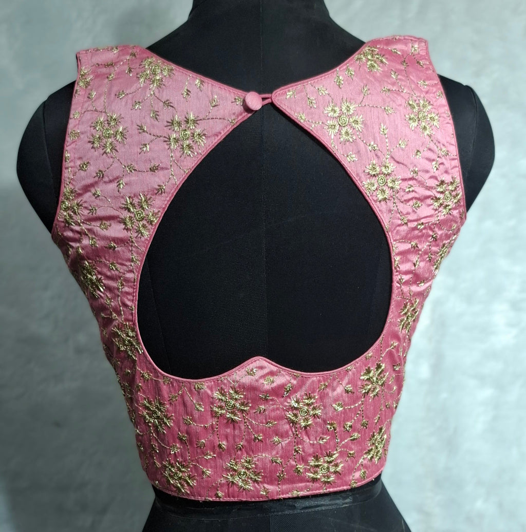 Pink Golden Embroidered Readymade Blouse with Sweetheart Neckline