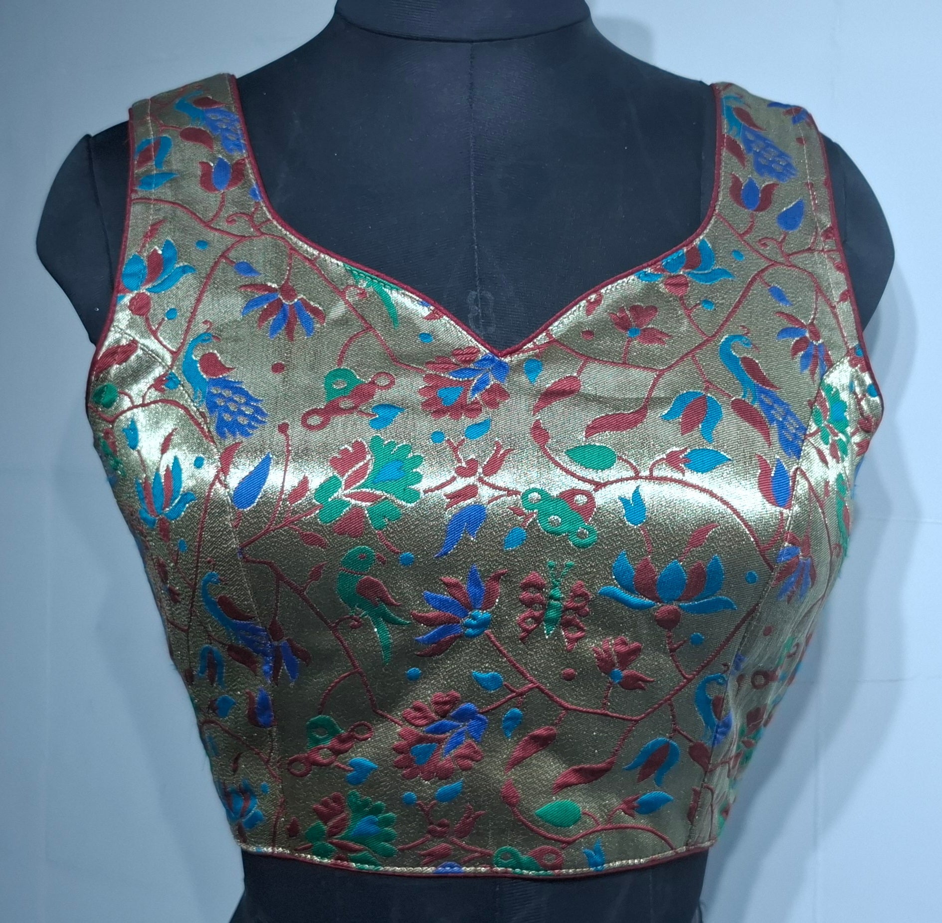 Maroon jacquard weave multi-color paithani style readymade blouse