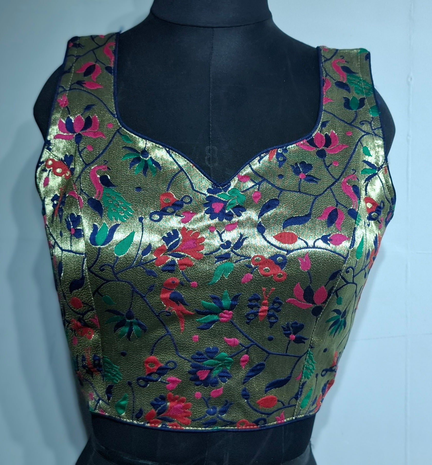 Navy blue jacquard blouse with multi-color traditional Paithani weave