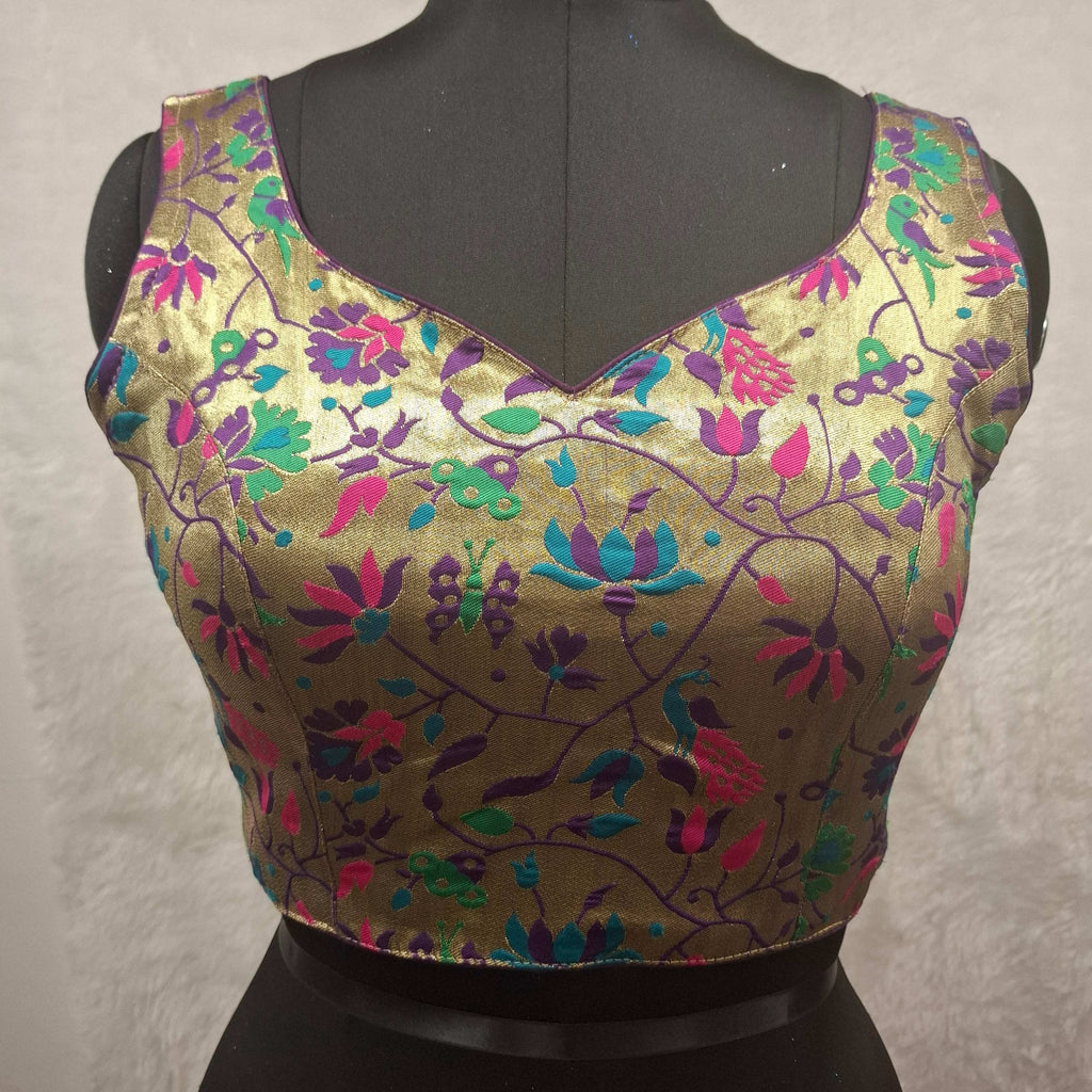 Purple Jacquard weave Paithani readymade blouse with semi-sweetheart neck