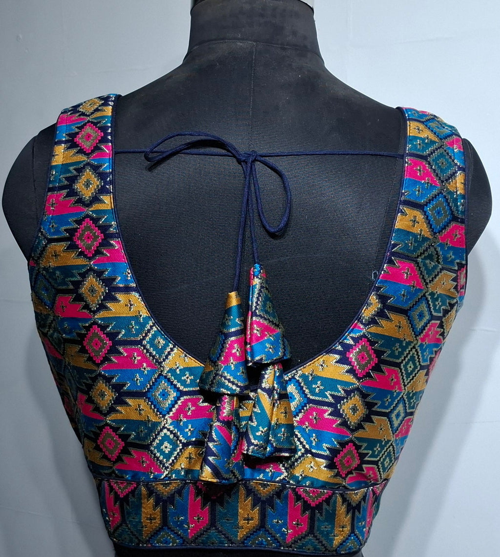 Navy Blue Multi Color Geometric Woven Patola Readymade Blouse