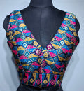 Navy blue blouse with multi-color geometric Patola weave and V-neck design