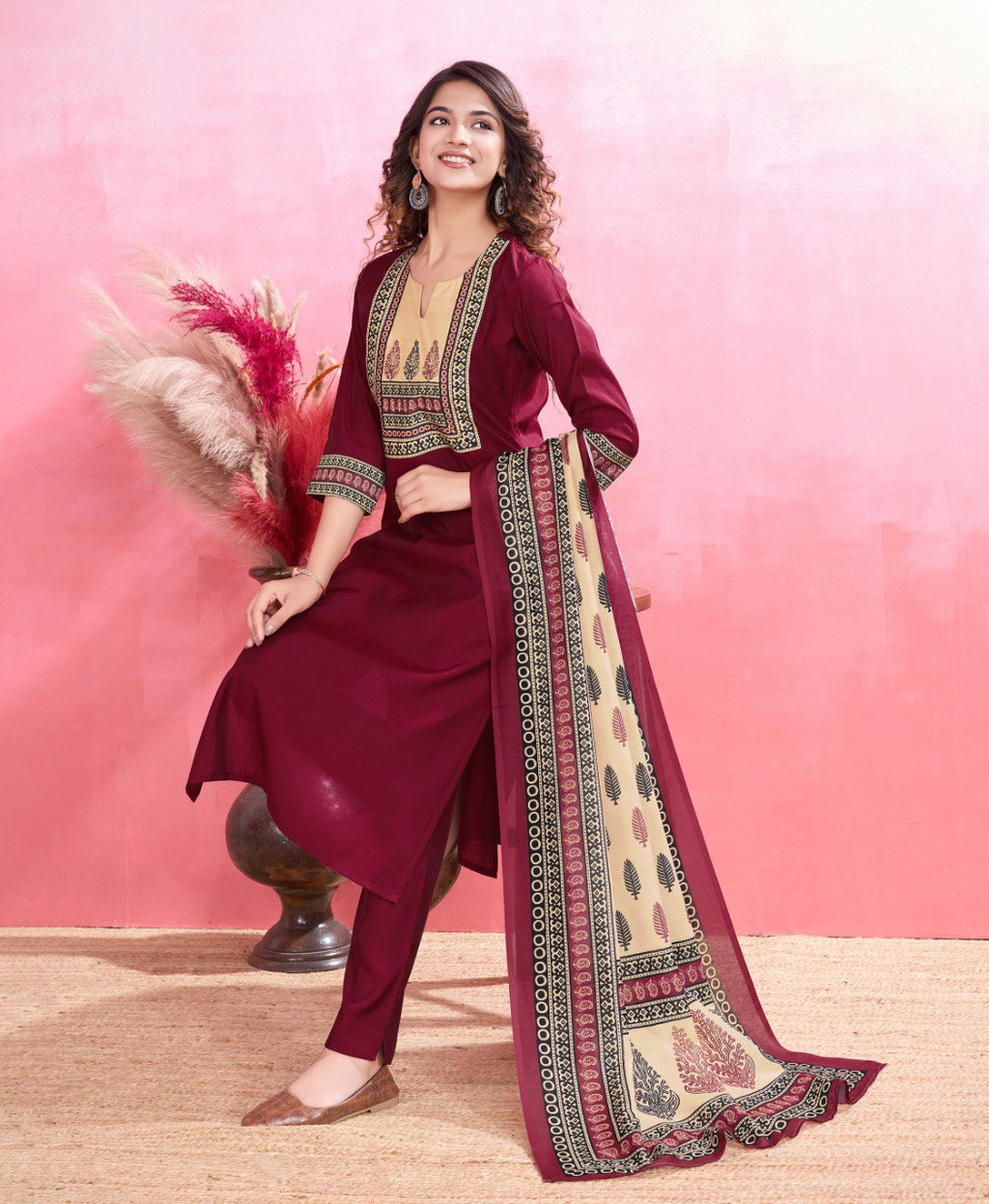 Maroon Viscose Silk Printed Kurta Set for Women
