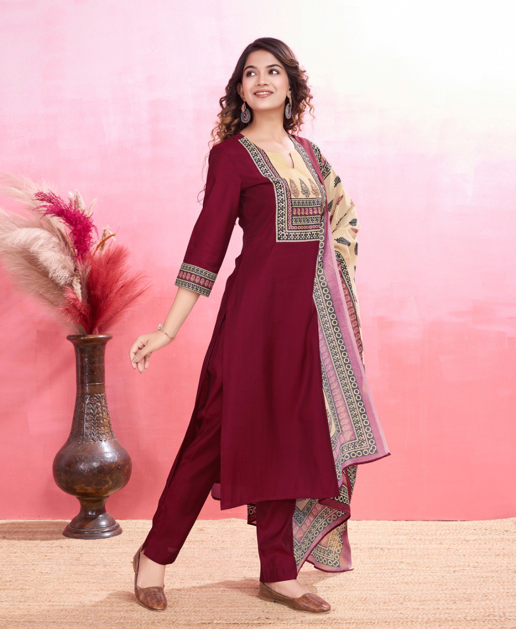 Maroon Viscose Silk Printed Kurta Set for Women