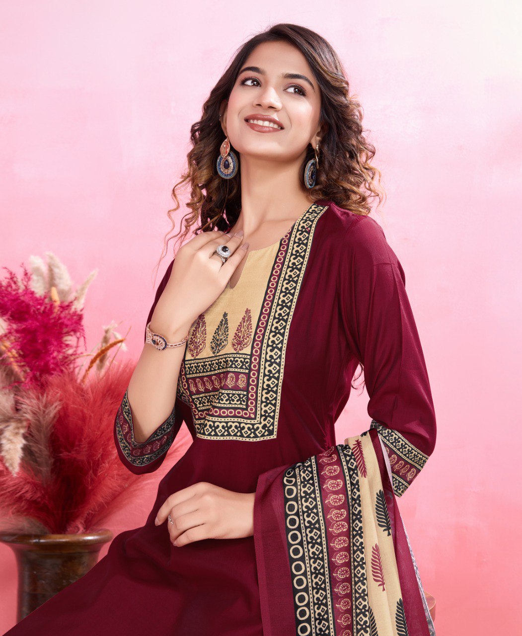 Maroon Viscose Silk Printed Kurta Set for Women