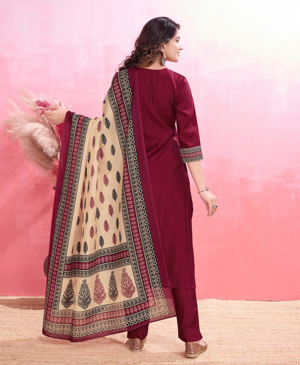 Maroon Viscose Silk Printed Kurta Set for Women