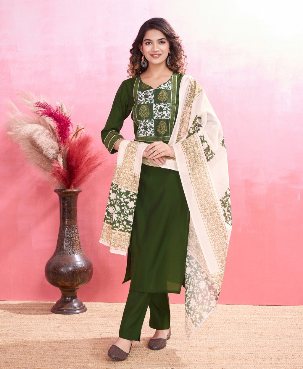 Women's Mahendi viscose silk kurta set with floral print patterns