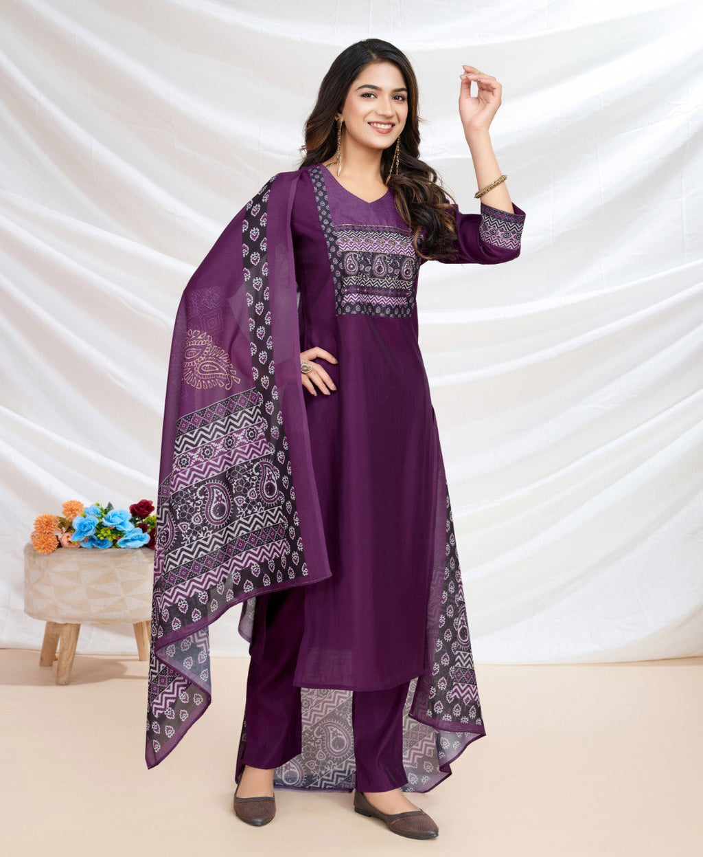 Prazu Fashion Purple Viscose Silk Printed Kurta Set