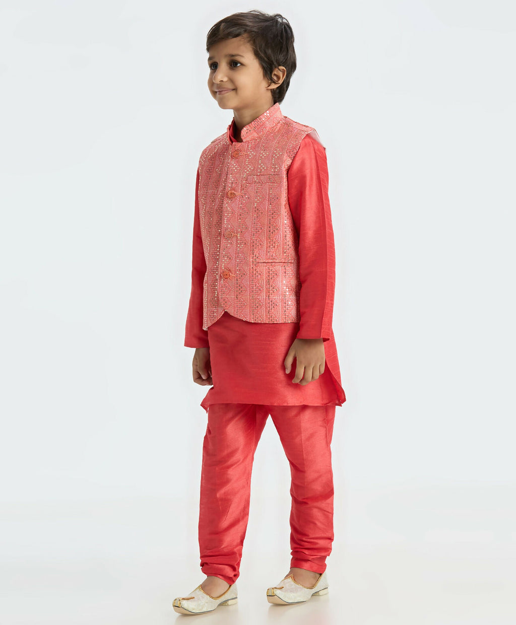 Kids Tomato Red Nehru Jacket Kurta Pajama Set with Sequin Work