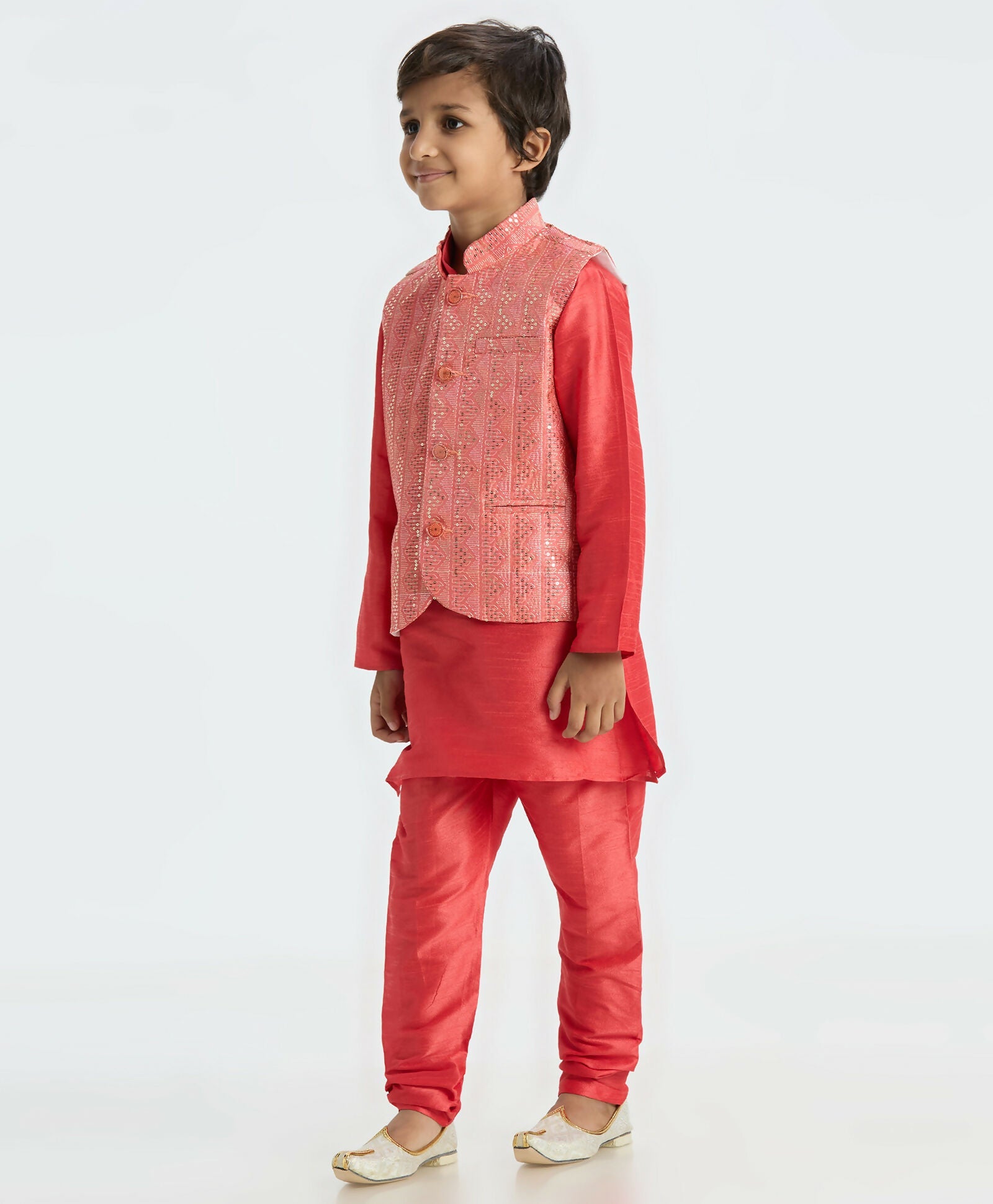 Kids Tomato Red Nehru Jacket Kurta Pajama Set with Sequin Work