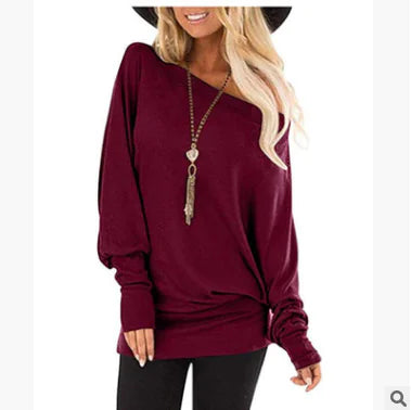 Women's Burgundy Off-Shoulder Long Sleeve Soft Knit T-Shirt - Image 3