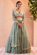 Sea Green Two Tier Crush Georgette Lehenga Choli with Dupatta