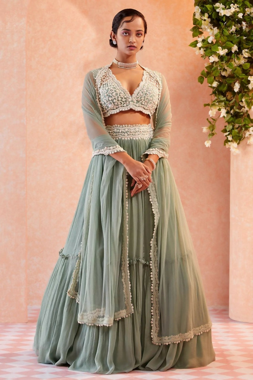 Sea Green Two Tier Crush Georgette Lehenga Choli with Dupatta