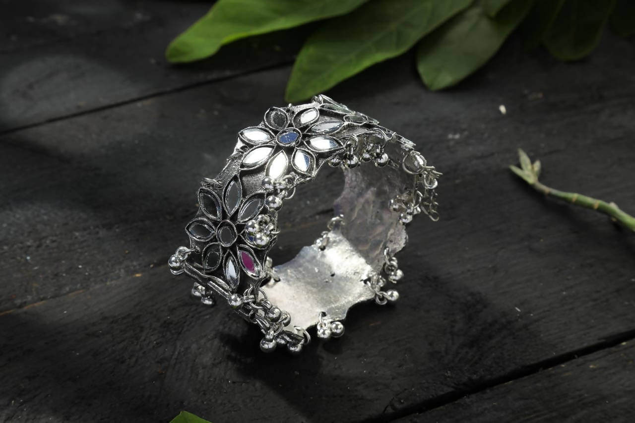 Silver Plated Oxidised Bracelet with Reflective Mirror Design
