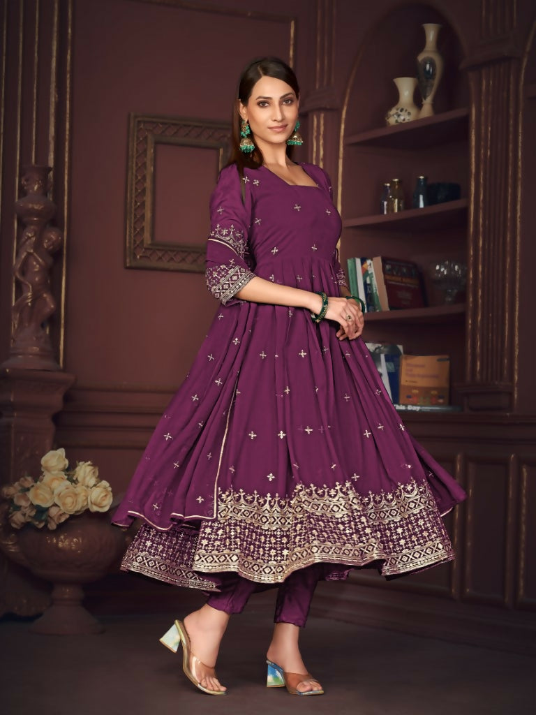 Royal purple georgette embroidered Anarkali kurta set