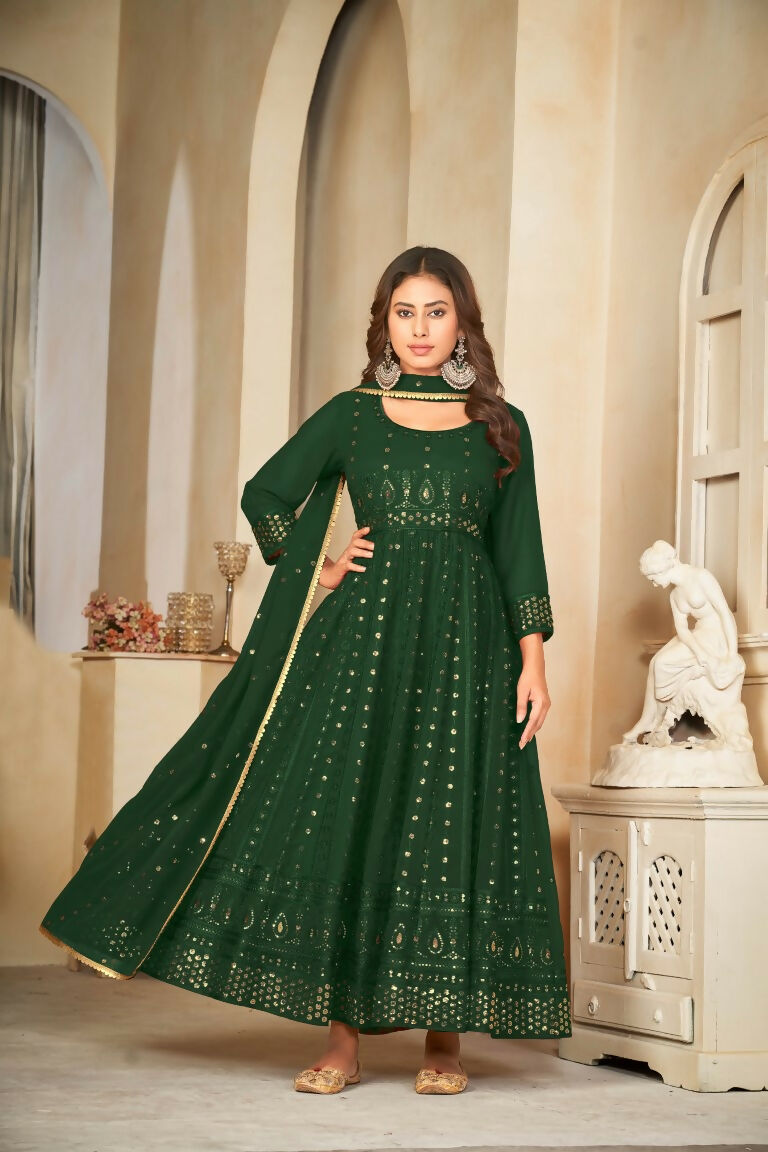 Green Georgette Embroidered Anarkali Kurta Pant Set with Dupatta