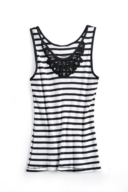 Women's Striped Sleeveless Tank with Crochet Lace Neckline