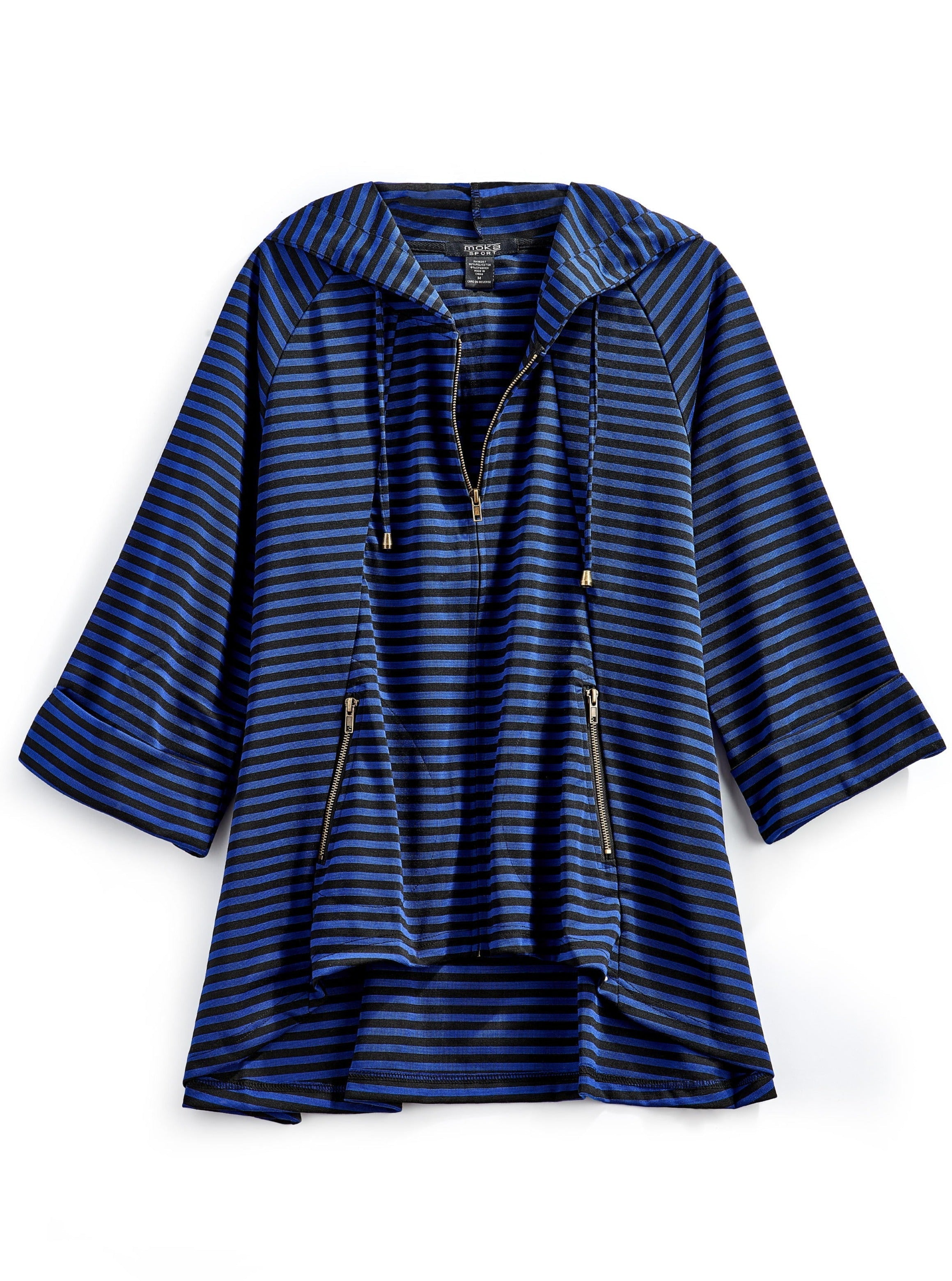 Women's Striped Zip Front High Low Hooded Jacket - Relaxed Knit