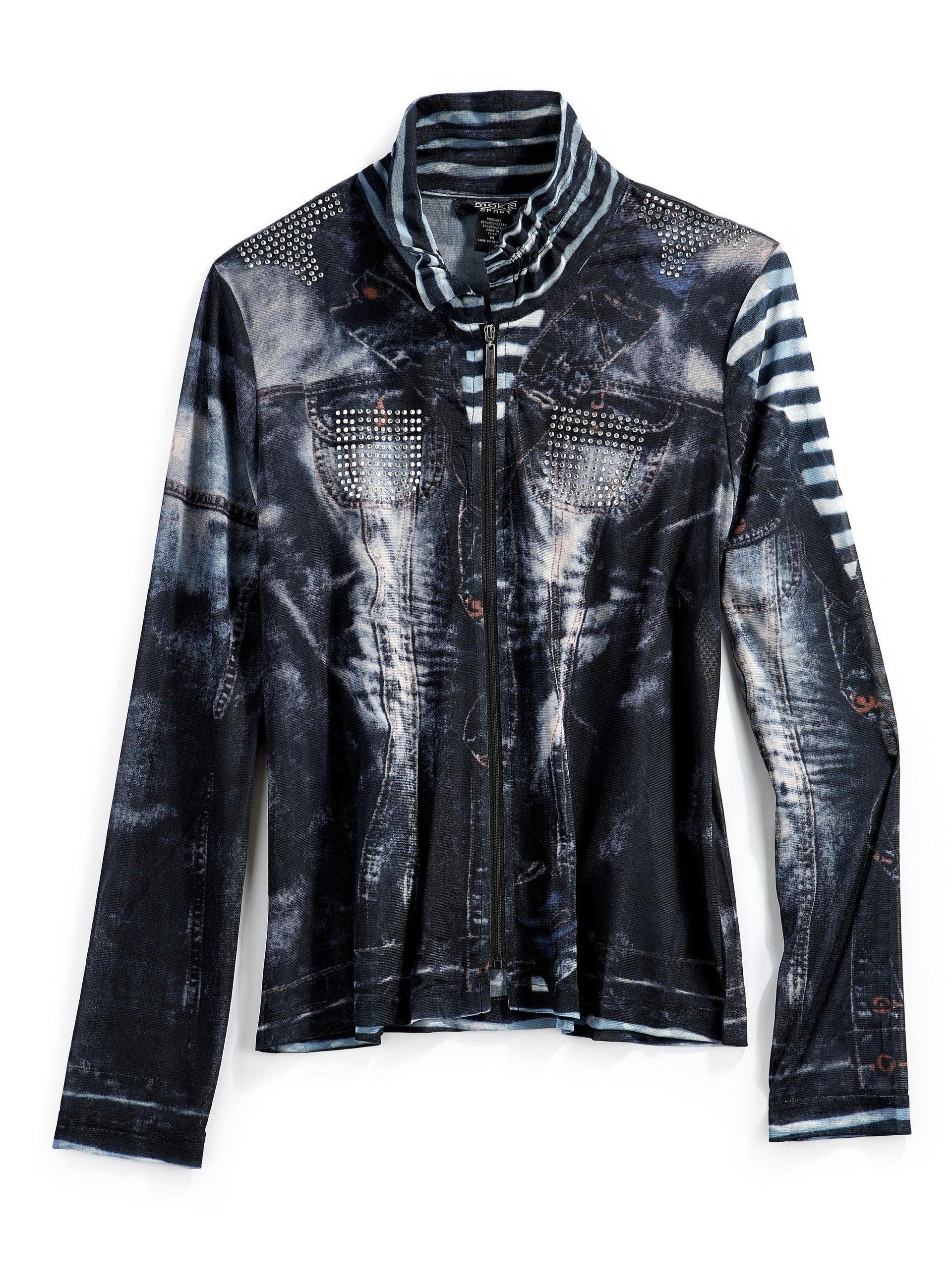 Women's Zip Front Mesh Denim Look Printed Jacket