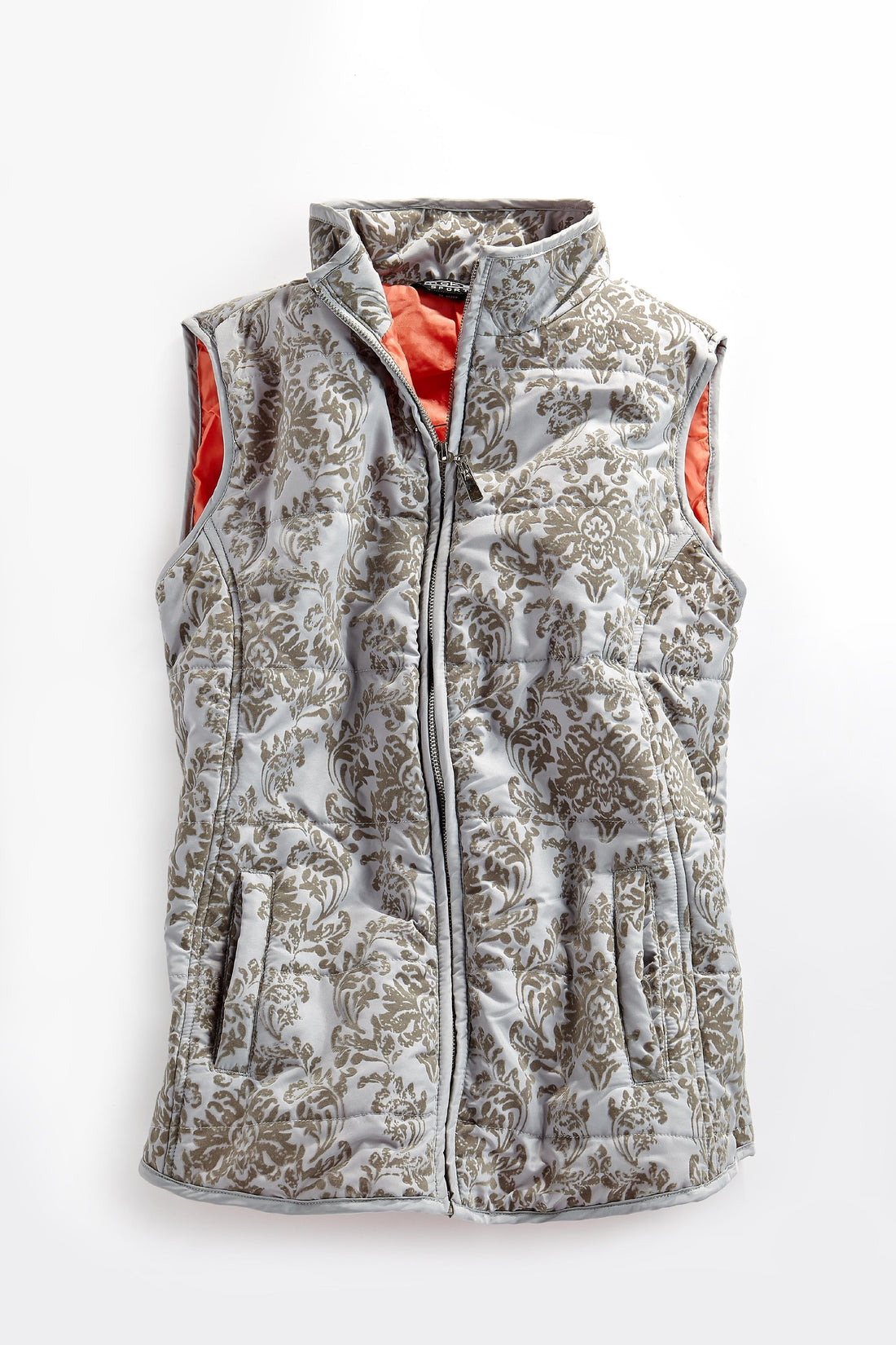 Women's Flocked Damask Print Zip Front Vest in Light-Grey and Taupe