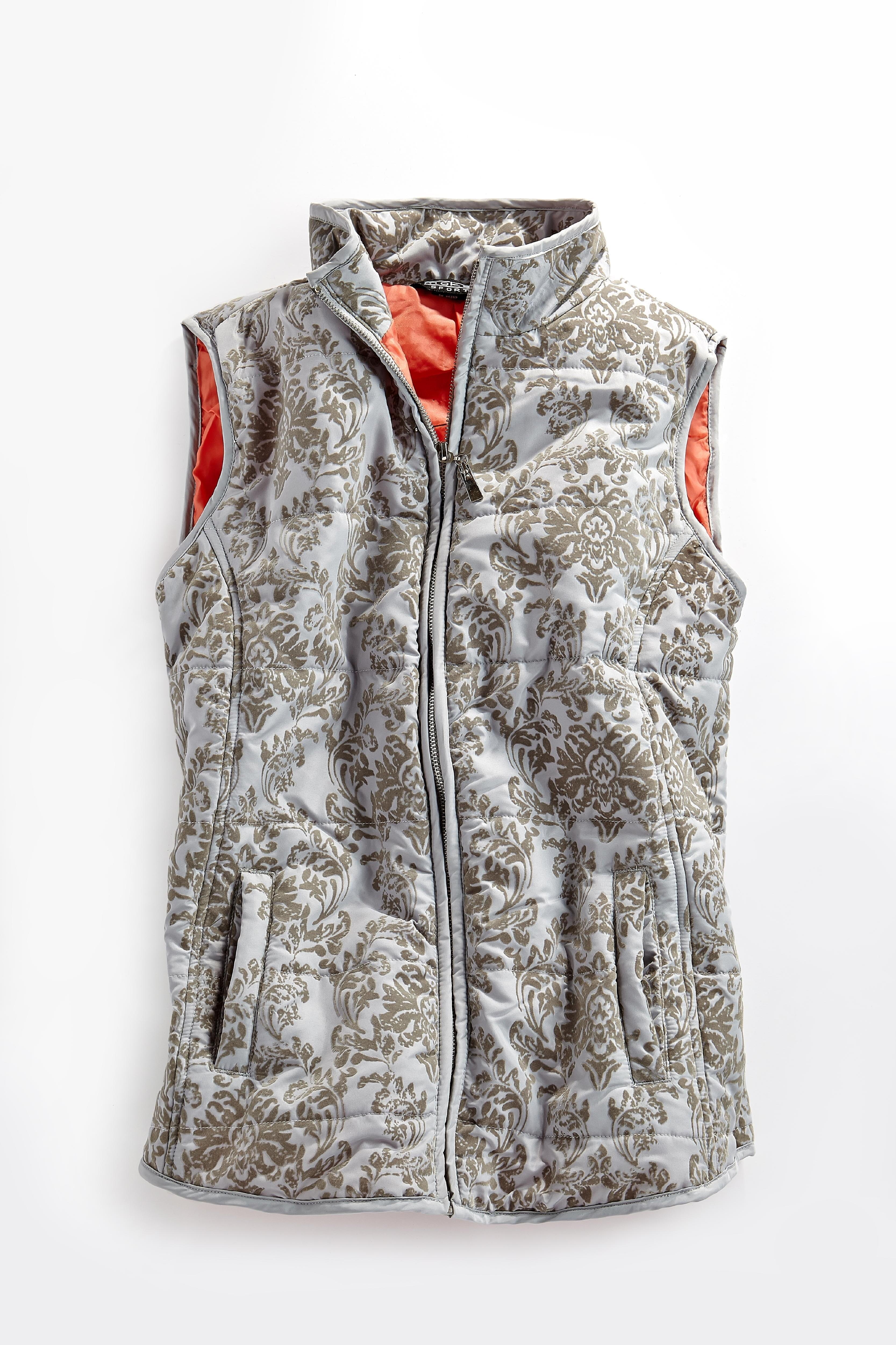 Women's Flocked Damask Print Zip Front Vest in Light-Grey and Taupe
