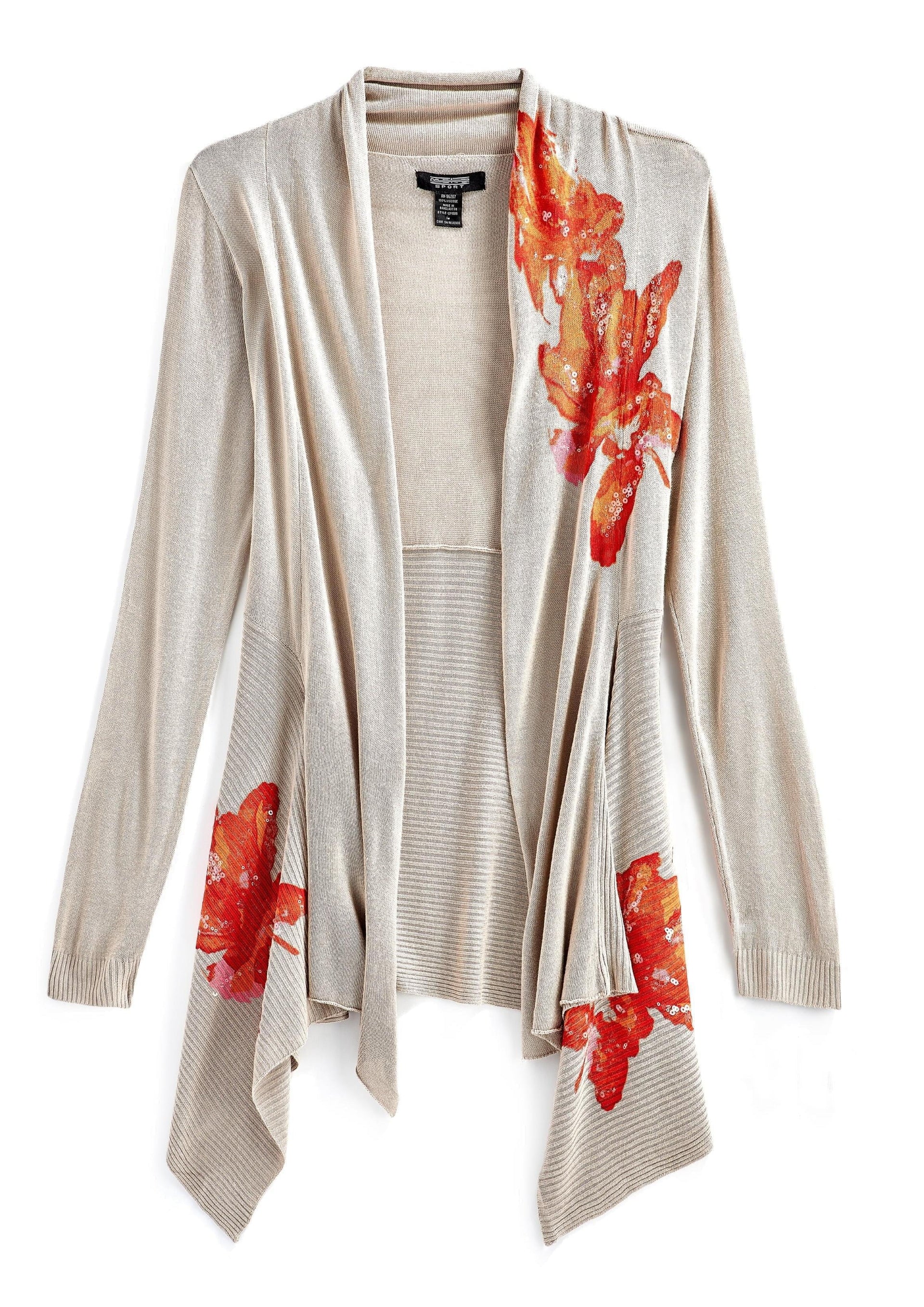 Women's Long Floral Embellished Open Front Cardigan
