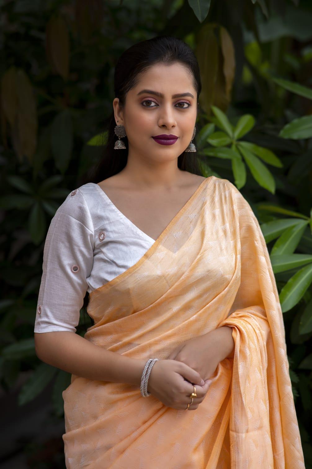 Yellow Poly Georgette Woven Saree with Mirror Ring Blouse