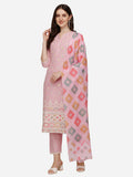 Multicolor Lucknawi embroidered kurta set with matching pants and dupatta worn by a model