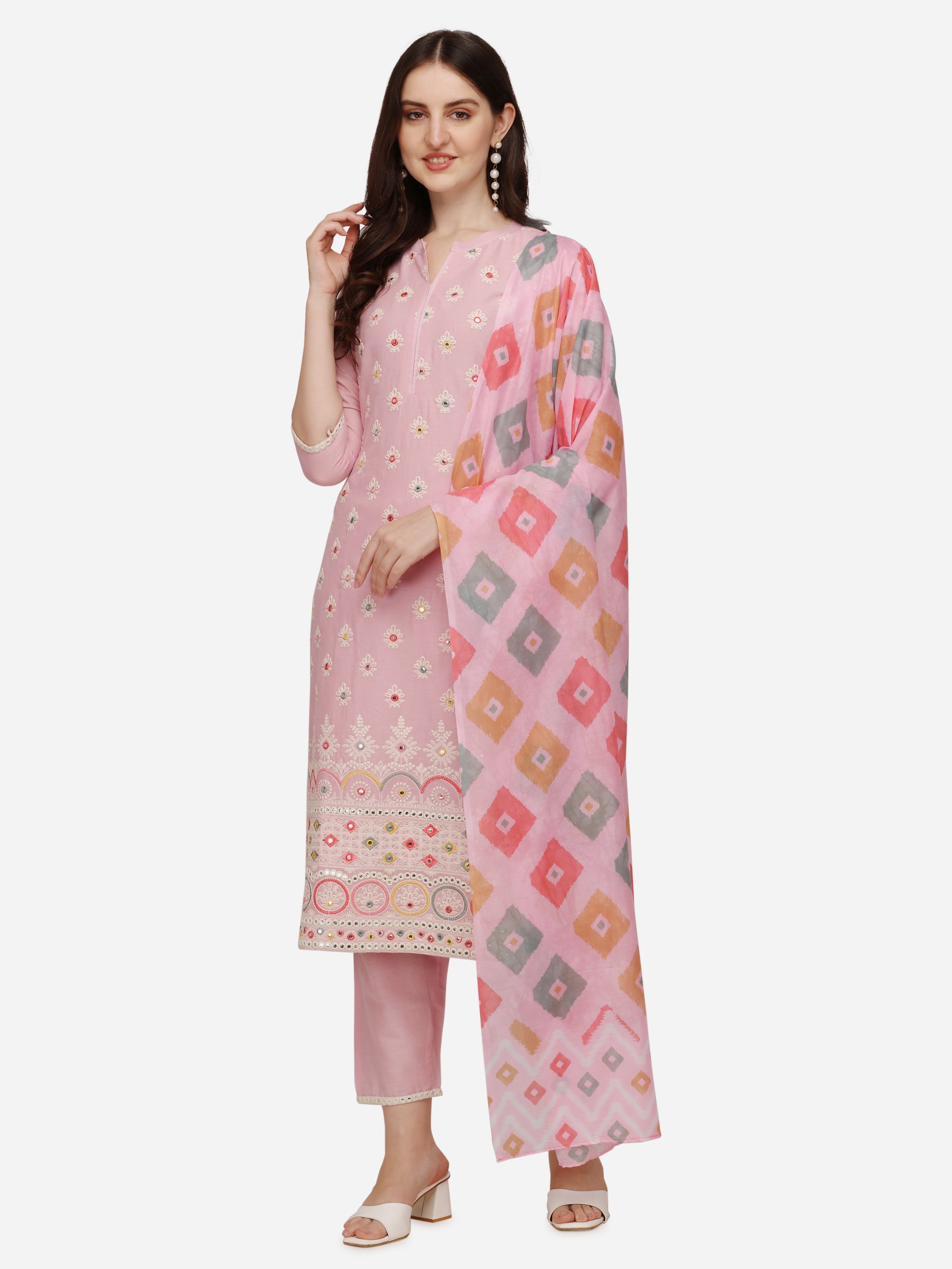 Multicolor Lucknawi embroidered kurta set with matching pants and dupatta worn by a model
