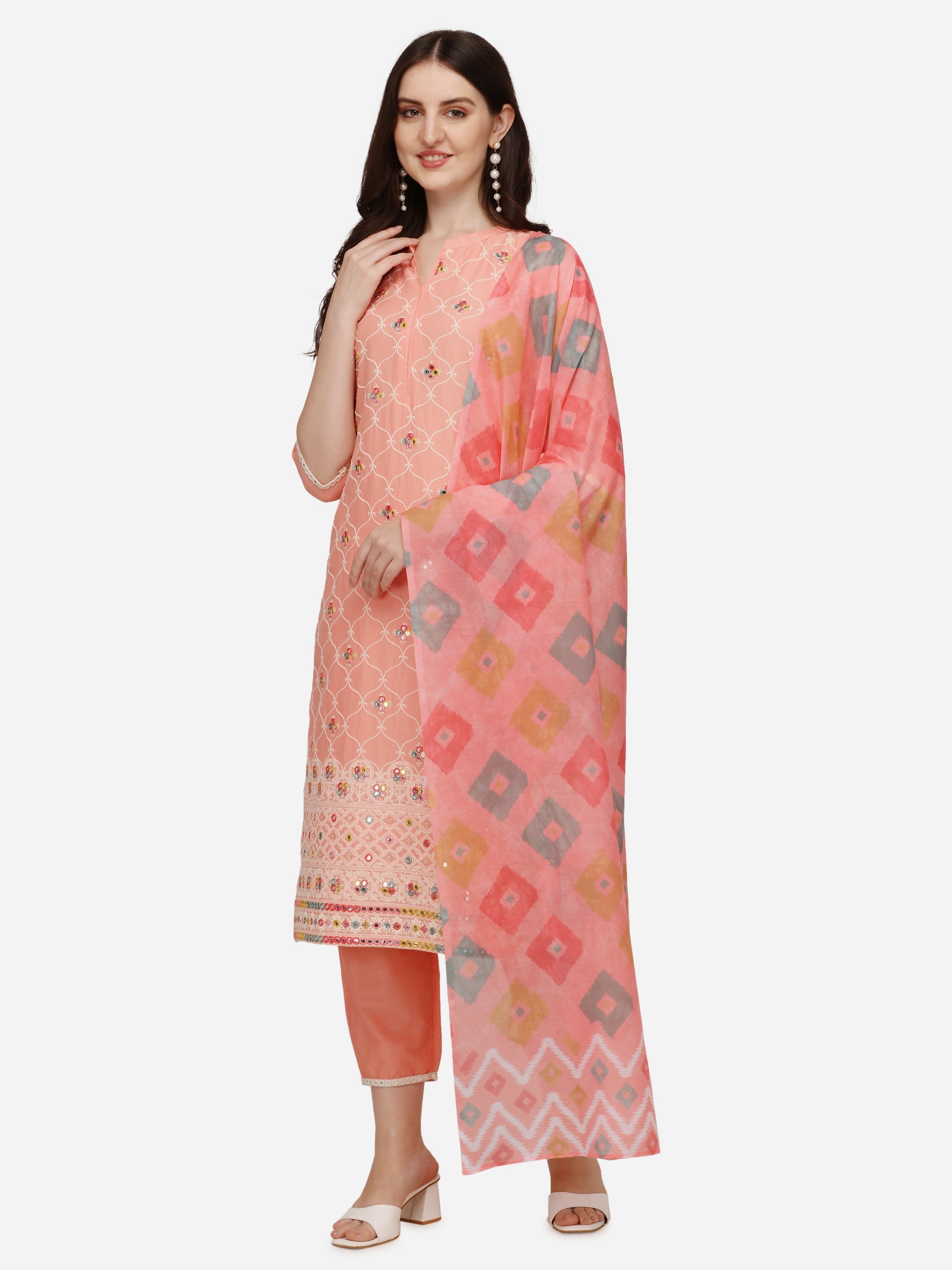 Multicolor Lucknawi embroidered kurta with pants and dupatta