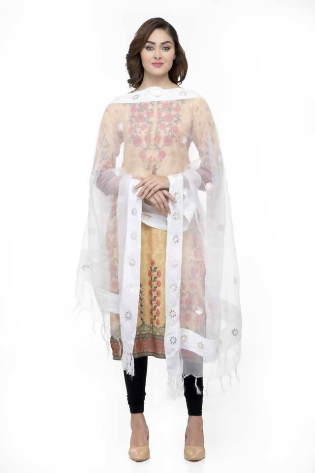 White organza dupatta adorned with delicate gota flower embellishments