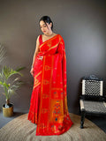Elegant Red Meenakari Weaving Paithani Saree with intricate traditional gold border detail