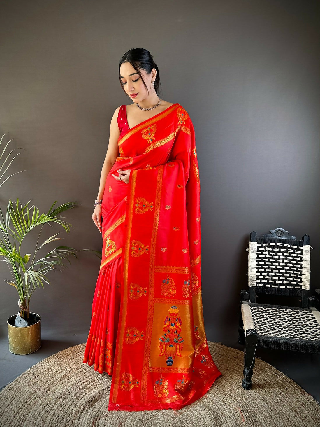 Elegant Red Meenakari Weaving Paithani Saree with intricate traditional gold border detail