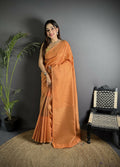 Vibrant Orange Banarasi Soft Lichi Silk saree with woven checks pattern